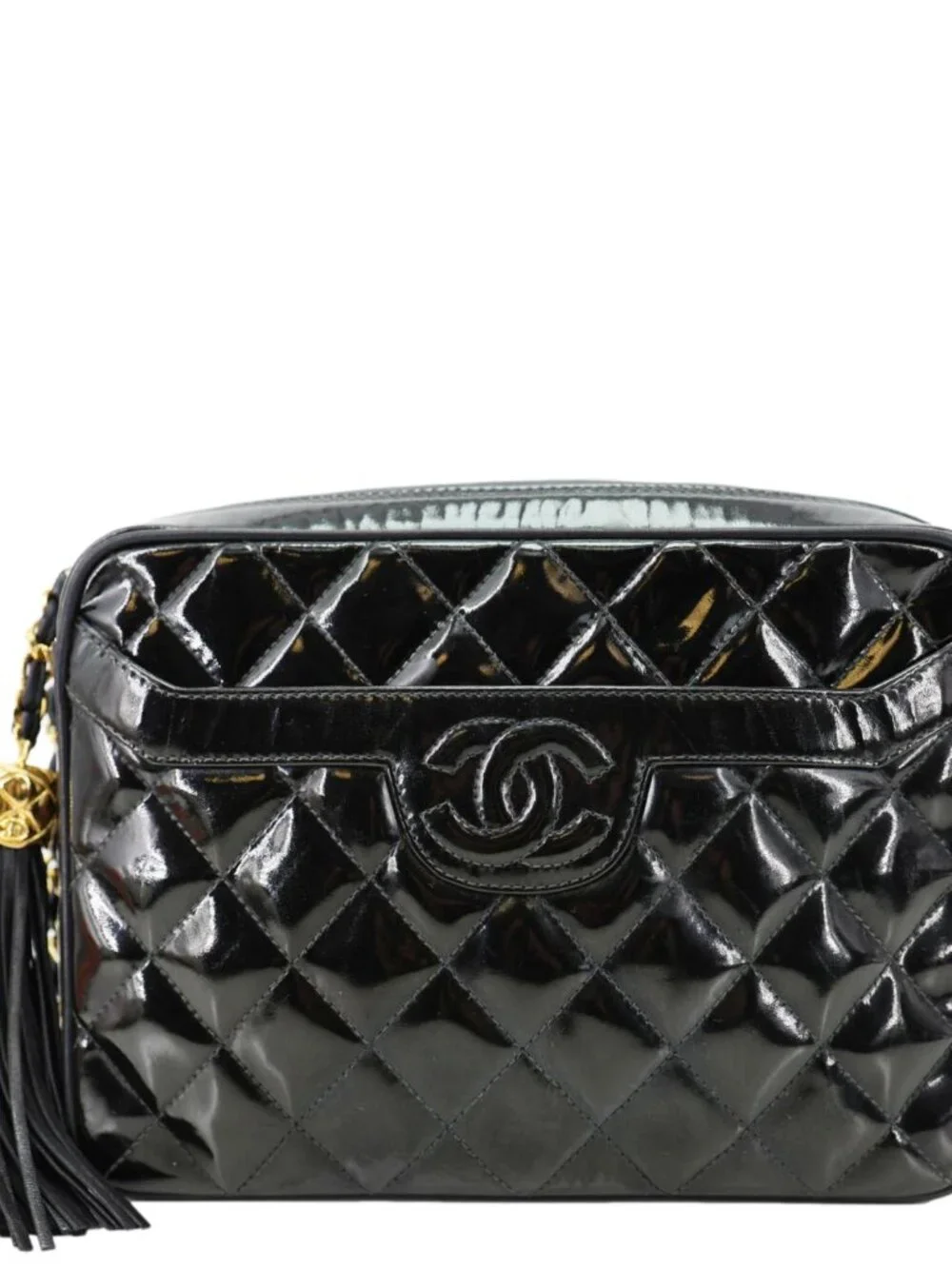 Chanel Vintage Quilted Patent Leather Camera Case Crossbody Bag Black
